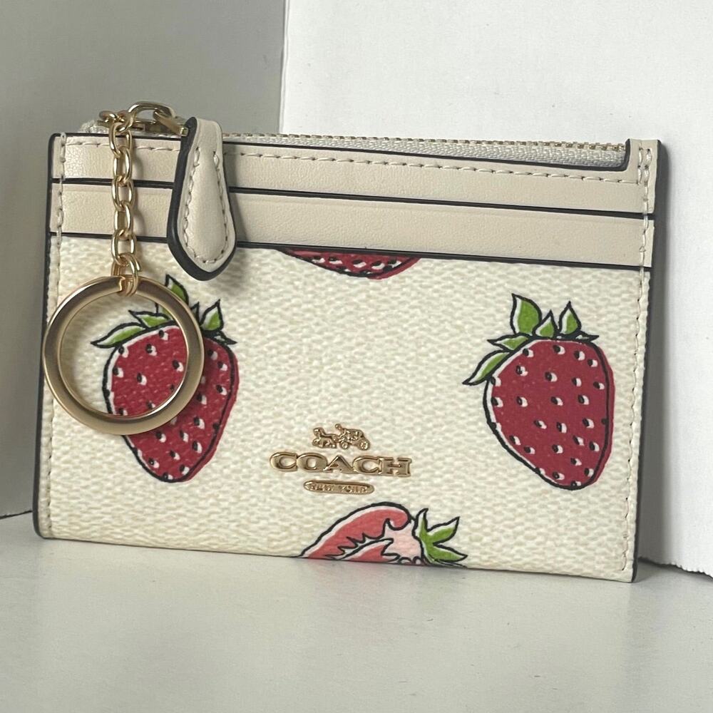 Coach Mini Skinny ID Wallet CAR17 Strawberry Print White Red Keyring - Picture 9 of 9
